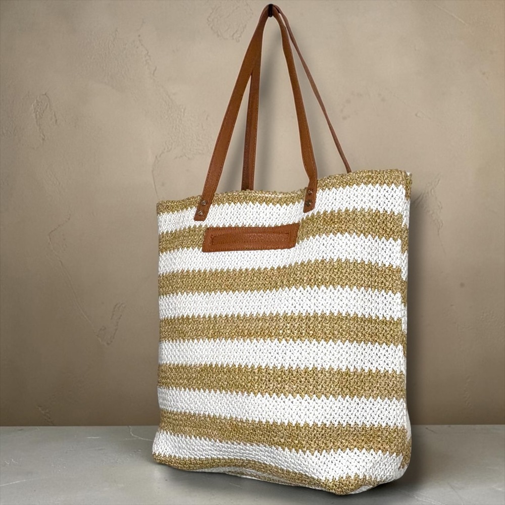 Jewell by Thirty-One Straw Tote Bag White Gold Metallic Striped Woven Beach Bag
